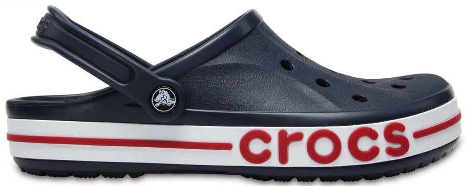 black, white, and red crocs clog
