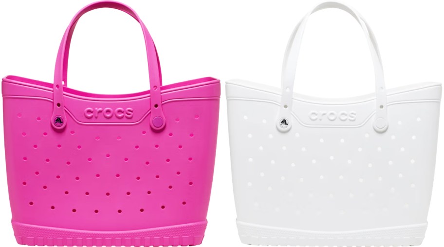 crocs tote bags in pink and white