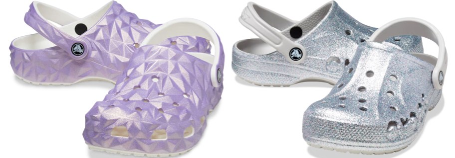 glittery purple and silver crocs clogs