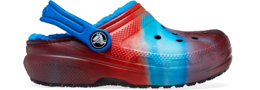 blue and red kids crocs with blue lining