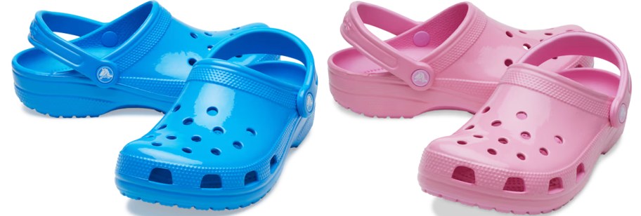 shiny blue and pink pairs of crocs clogs