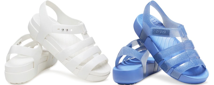 white and blue pairs of crocs sandals
