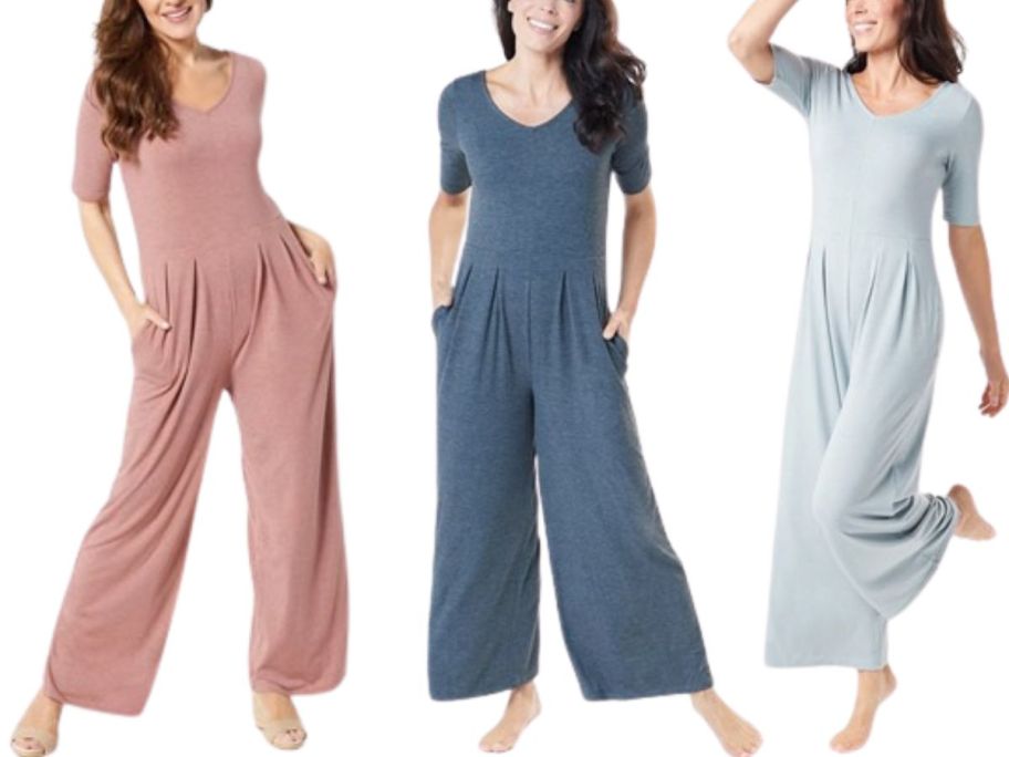 3 women wearing Cuddl Duds Brushed Knit Elbow Sleeve Jumpsuits
