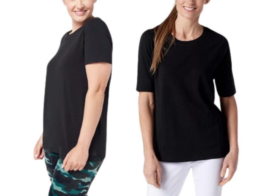 2 women wearing black t-shirts