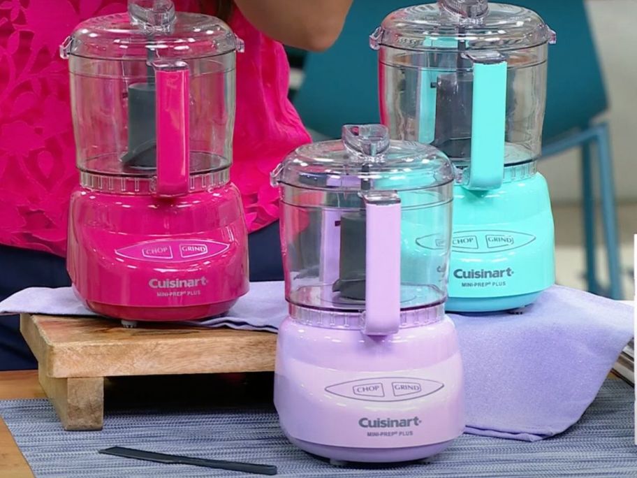 3 Cuisinart Mini Food Processors in pink, purple and turquoise colors