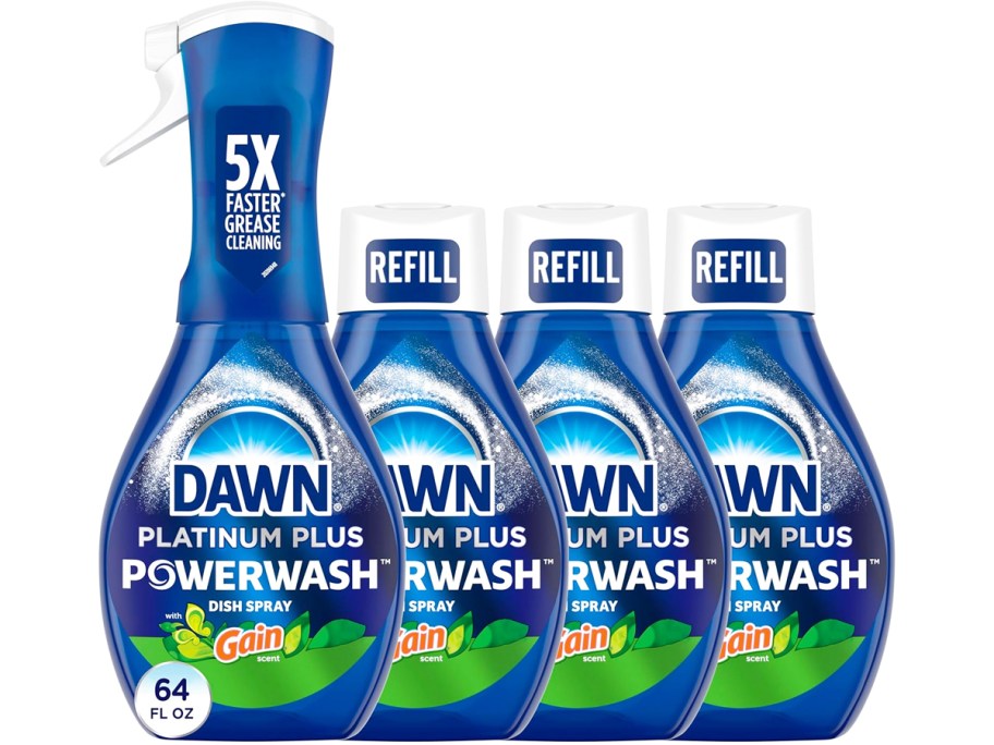 bottle of Dawn Platinum Plus Powerwash Gain Dish Spray and 3 refill bottles
