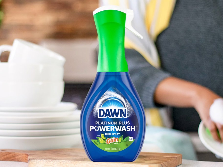 Dawn Platinum Plus Powerwash Gain Dish Spray bottle on cutting board