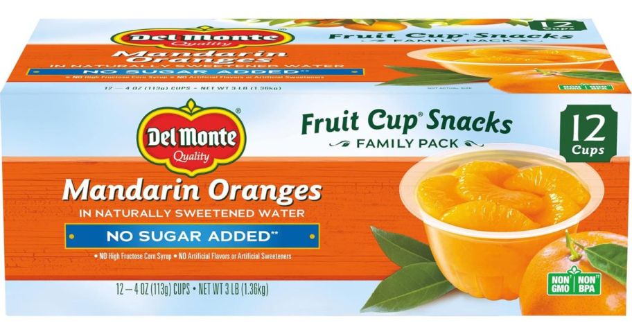 A box of Del Monte Mandarin Oranges w/ No Sugar Added 12-Pack