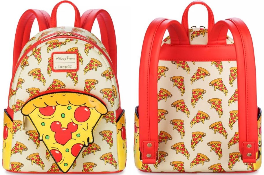 front and back views of a mickey mouse mini pizza backpack