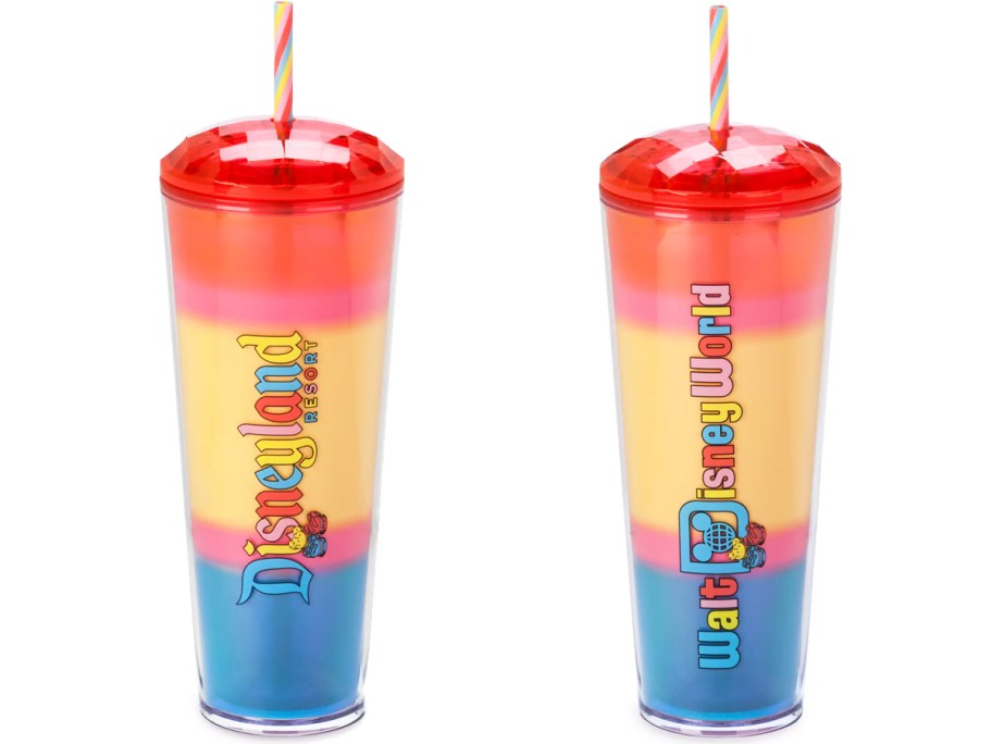 red, yellow, and blue disney starbucks tumblers