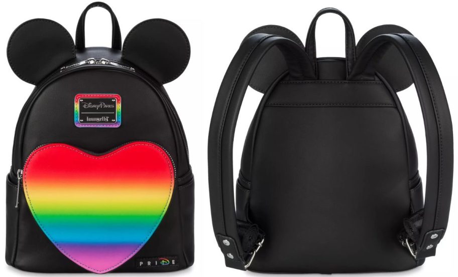 front and back views of a mickey mouse mini pride collection backpack