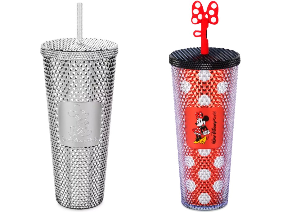 two studded disney starbucks tumblers in silver and red/white minnie mouse print