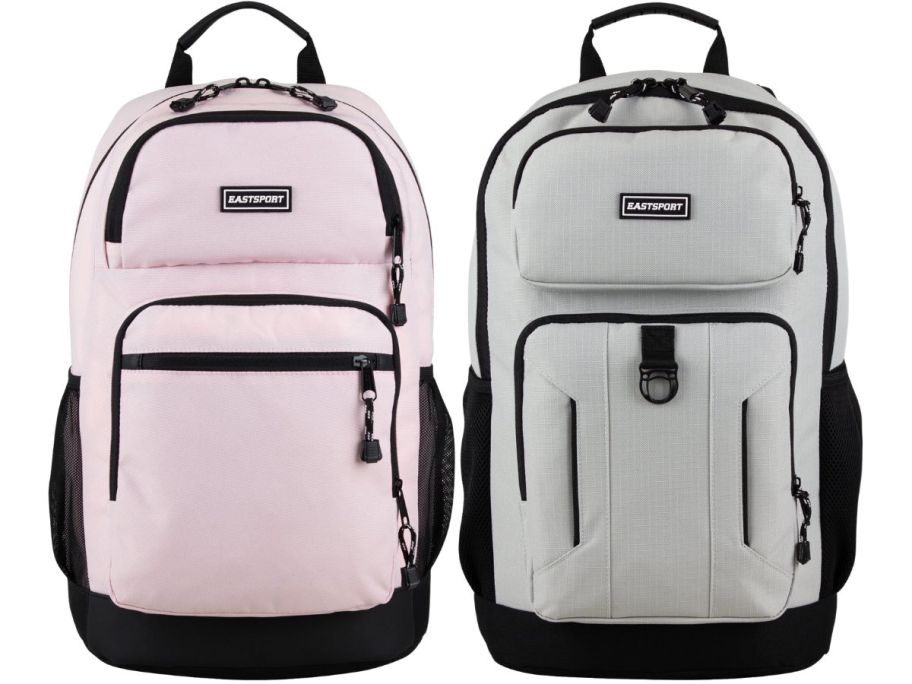 two eastsport backpacks in pink and khaki on a white background