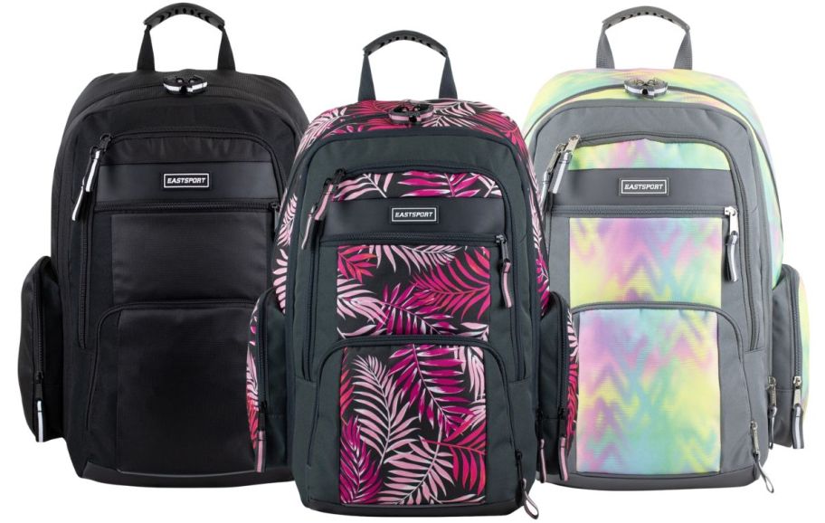 three eastsport backpacks on a white background