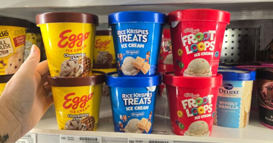 Several Eggo, Rice Krispies Treats, & Foot Loop Ice Cream Pints in a freezer