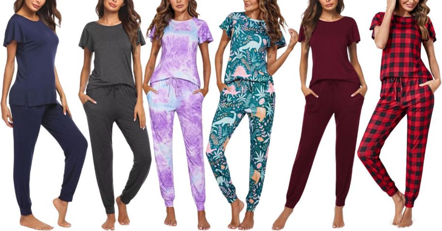 six models wearing 2 piece pajama sets in various prints and colors