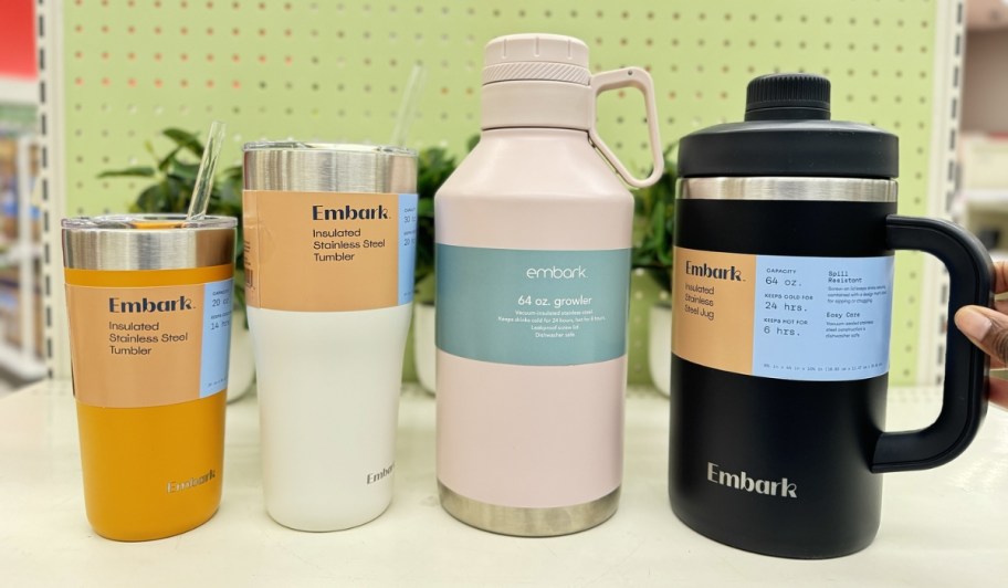 embark water bottles and tumblers in different colors on store shelf