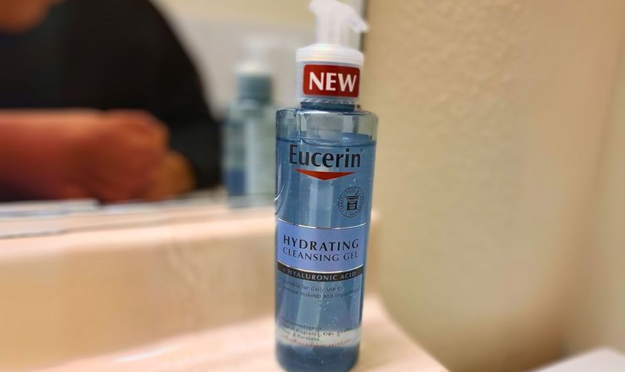 a bottle of eucerin gel cleanser on a bathroom counter