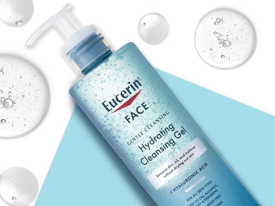 a bottle of eucerin gel cleanser on a blue and white background