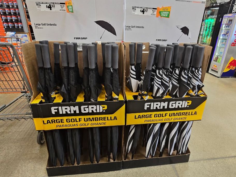 A display of Firm Grip Golf Umbrellas at Home Depot