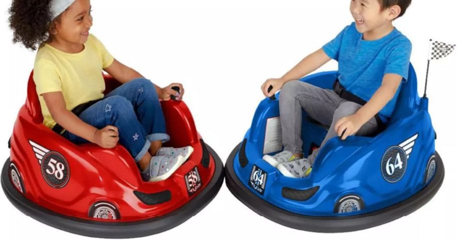 2 kids playing on bumper cars