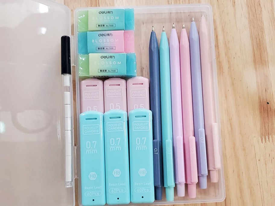 pastel mechanical pencils, erasers, and lead refills in clear case