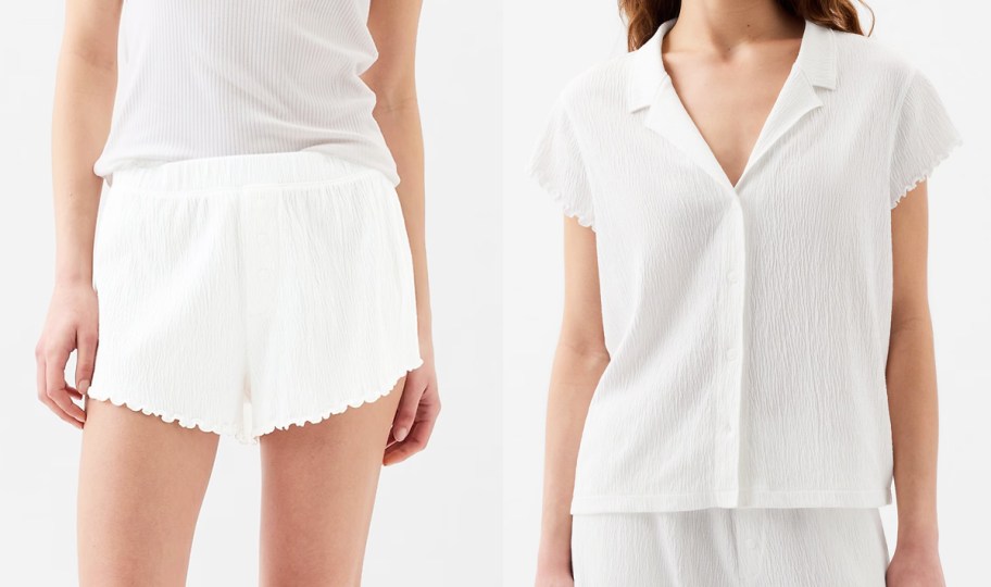 women in white pajama shorts and matching button-up shirt