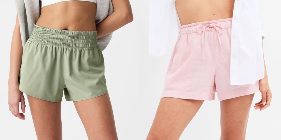two women in green and pink shorts