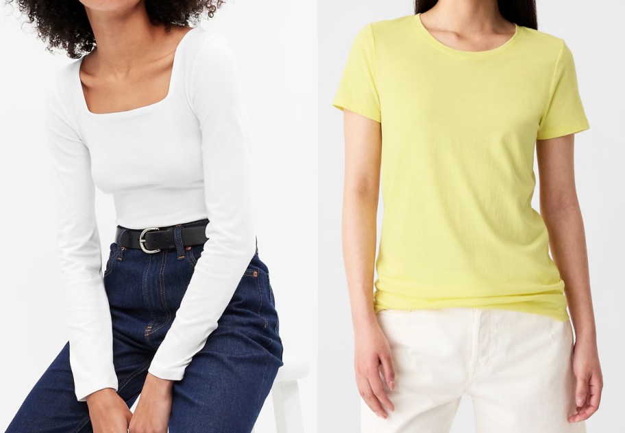 woman in white bodysuit and woman in yellow t-shirt