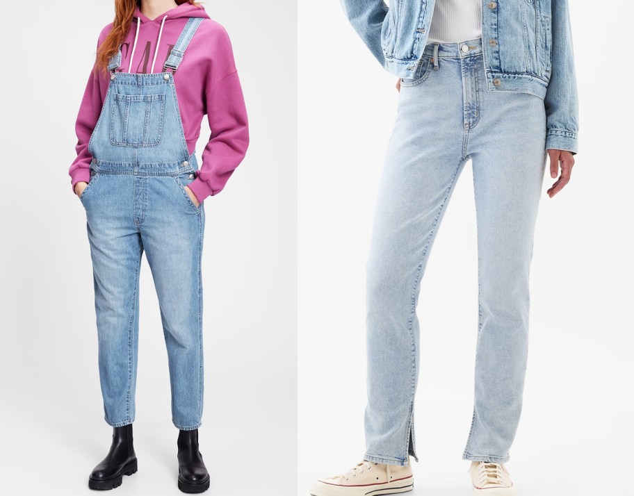 woman in overalls and woman in light wash jeans