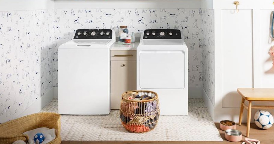 white GE washer & dryer set in laundry room