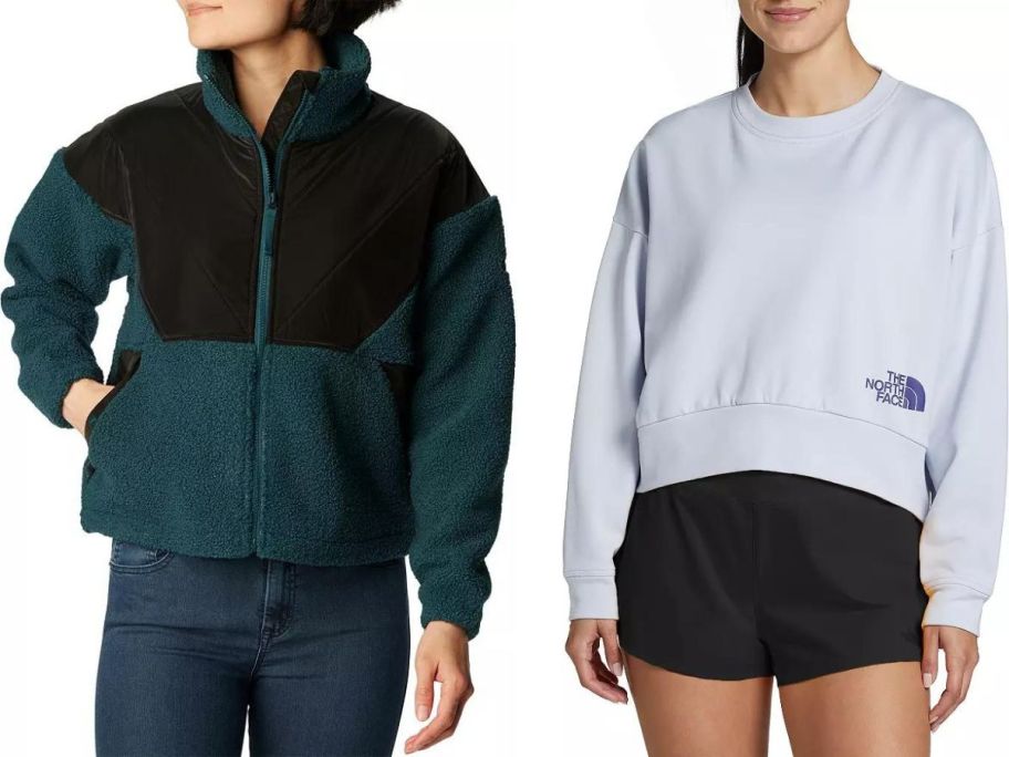 Stock images of a woman wearing a Columbia jacket and a woman wearing The North Face Sweatshirt.