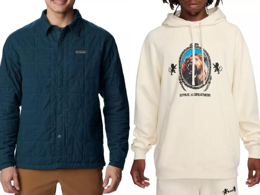 Stock image of a man wearing a Columbia jacket and a man wearing a Nike Hoodie