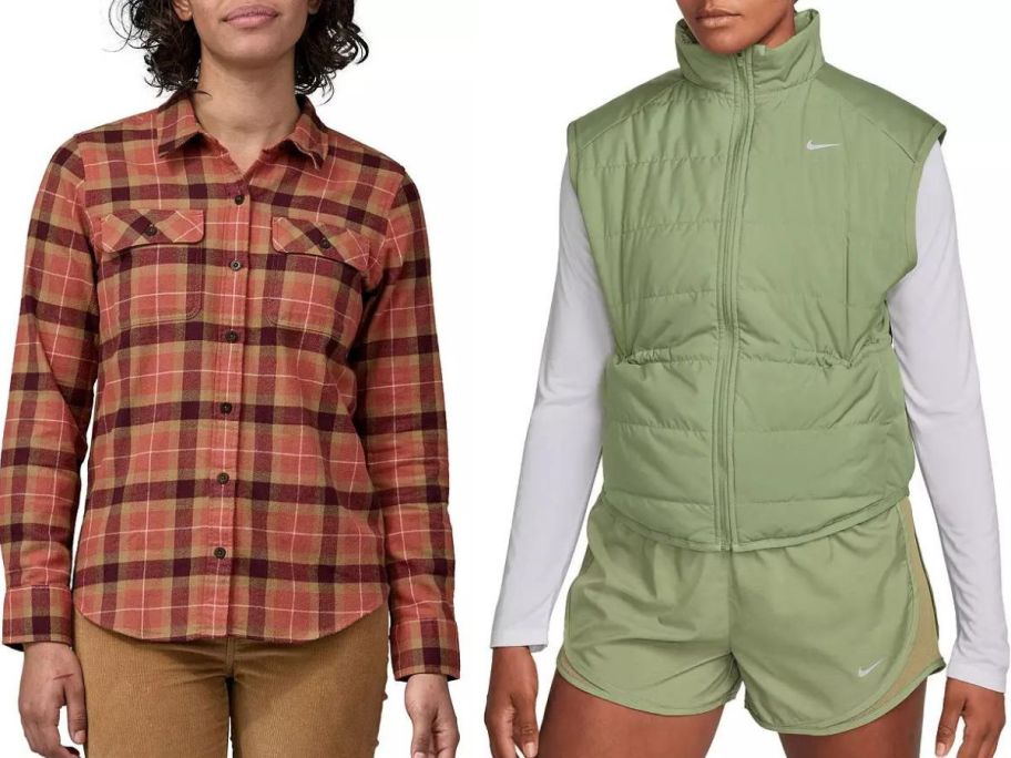 Stock image of a woman wearing a Patagonia Flannel and a woman wearing a Nike vest