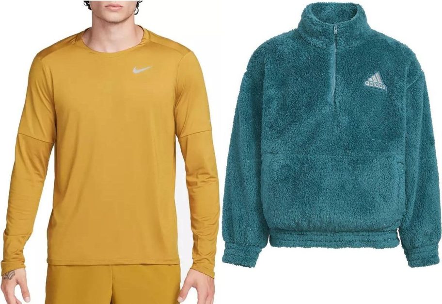 Stock images of a men's Nike Dri-Fit shirt and a grils Adidas Fleece
