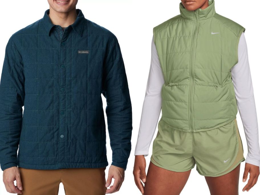 stock image of a man wearing a Columbia shirt jacket and a woman wearing a Nike vest