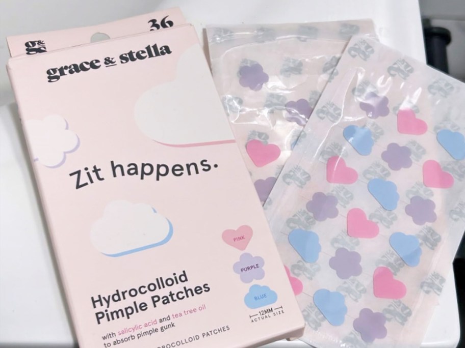 pack of Grace & Stella Pimple Patches on bathroom counter
