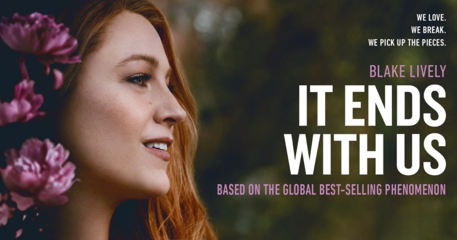 image of Blake Lively with Flowers and the movie title "It Ends With Us"