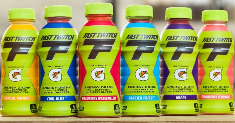 6 bottles of different flavors of Gatorade Fast Twitch Energy Drinks on a table