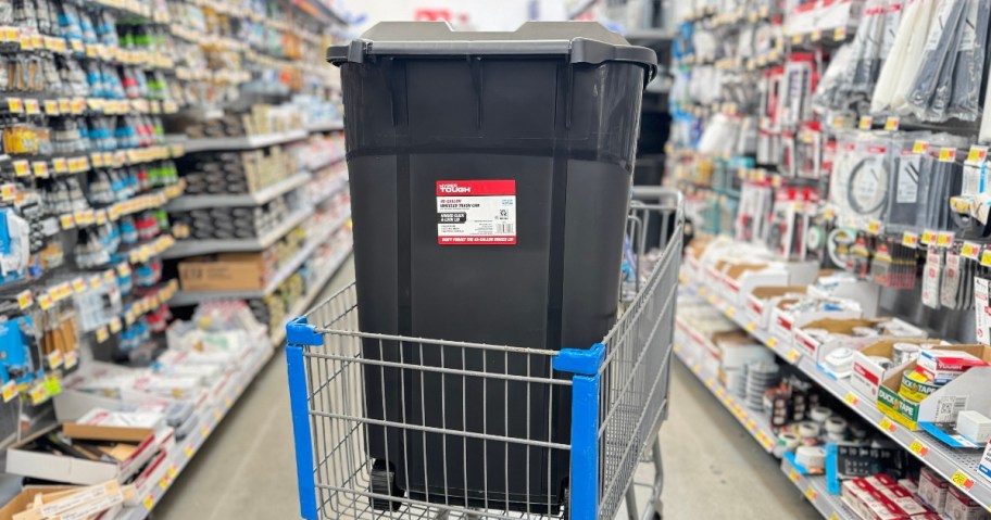 large black wheeled trash can with a lid in a Walmart cart in the middle of an aisle