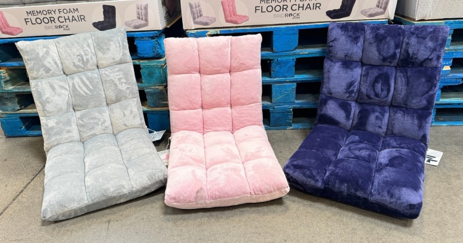 3 memory foam floor chairs in silver, pink, and blue at sam's club