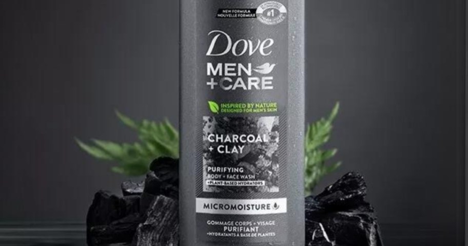 single bottle of Dove Men+Care Elements Body Wash Charcoal + Clay with clay and mint leaves behind it