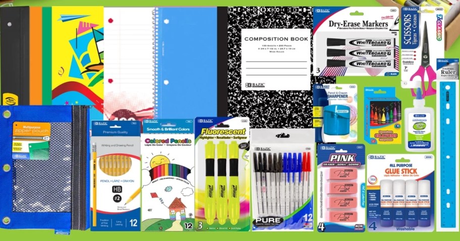 various school supplies, notebook, crayons, highlighters, pens, paper, erasers and more