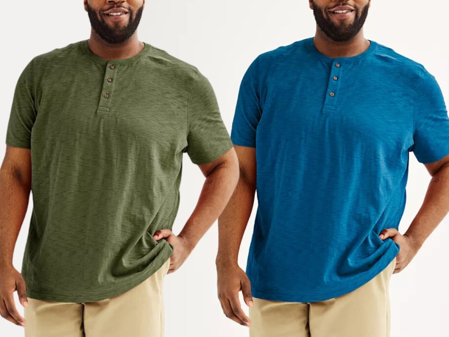 2 men wearing henley style short sleeve tops, one in olive green, the other in a bright blue