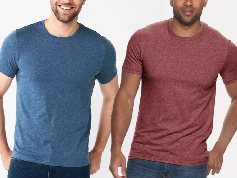 man wearing a blue tee next to a man wearing a maroon tee
