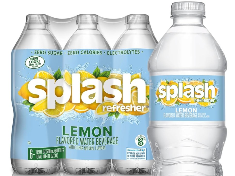 Splash flavored water Lemon 6-pack with 1 larger bottle in front