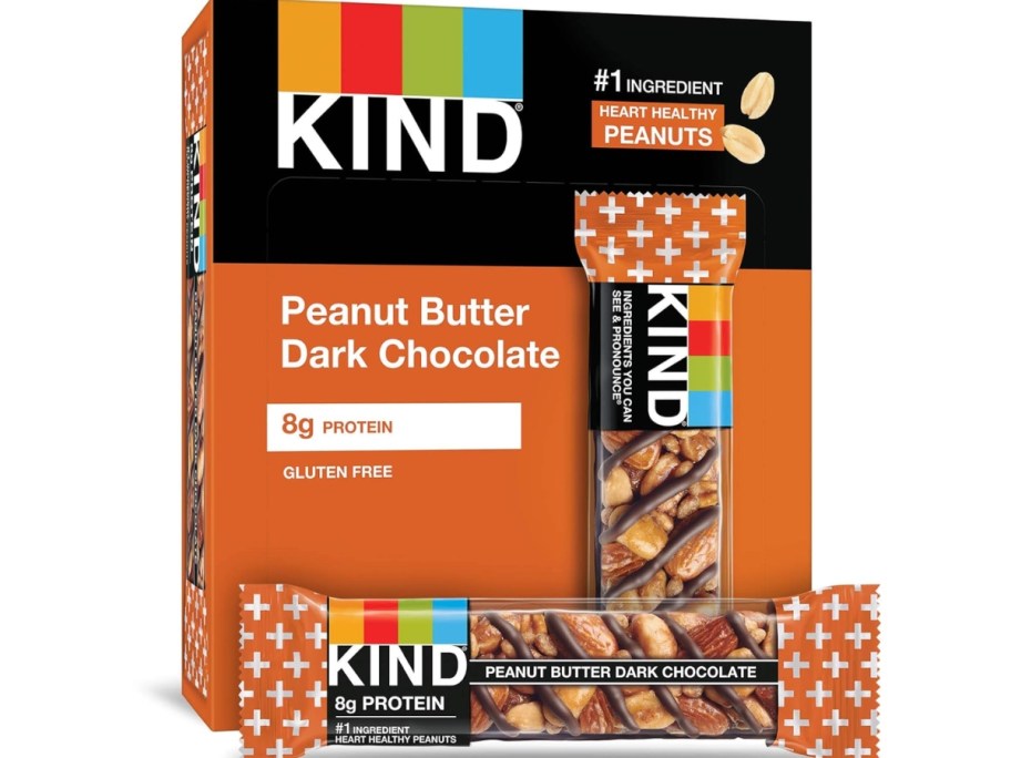 box of KIND Peanut Butter Dark Chocolate Bars with a single bar laying in front of it