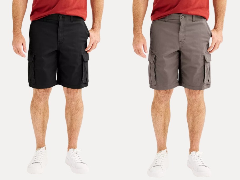 men wearing cargo shorts, 1 in black, the other in a greyish brown