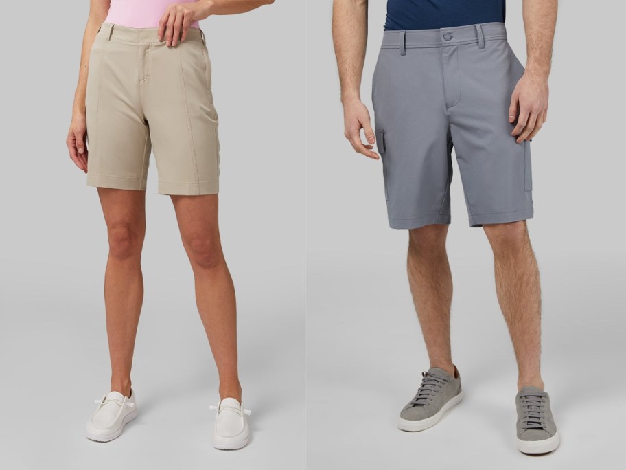 woman wearing khaki bermuda shorts, man wearing grey cargo shorts