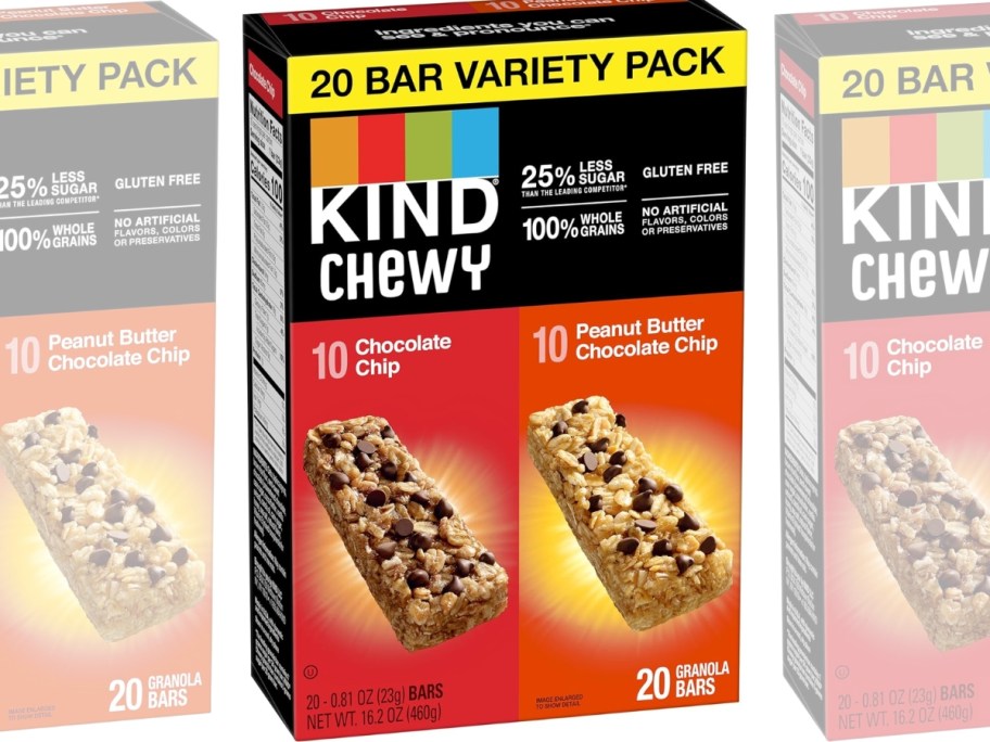 box of KIND Chewy Granola Bars Variety Pack with 1 on each side partially cut off
